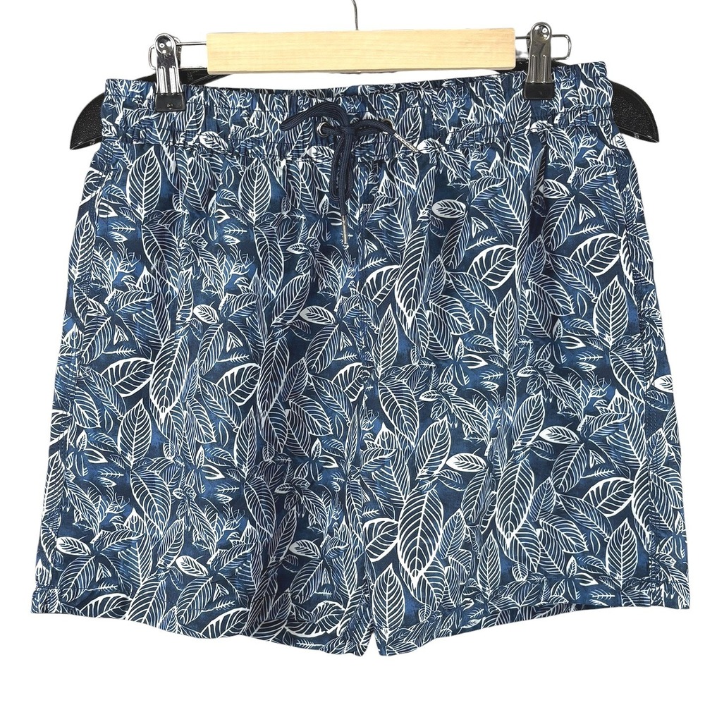 Slate & Stone Mens Navy Blue White Leaf Print Swim Trunks Size M Drawstring Mesh
